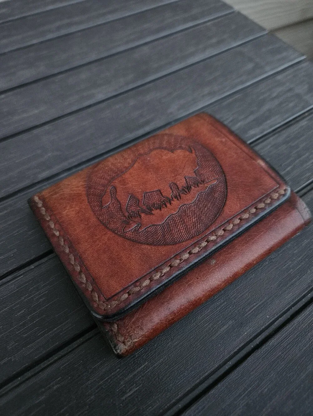 Vintage Mens Leather Trifold Wallet Tooled Bison Buffalo Western Cowboy Rustic